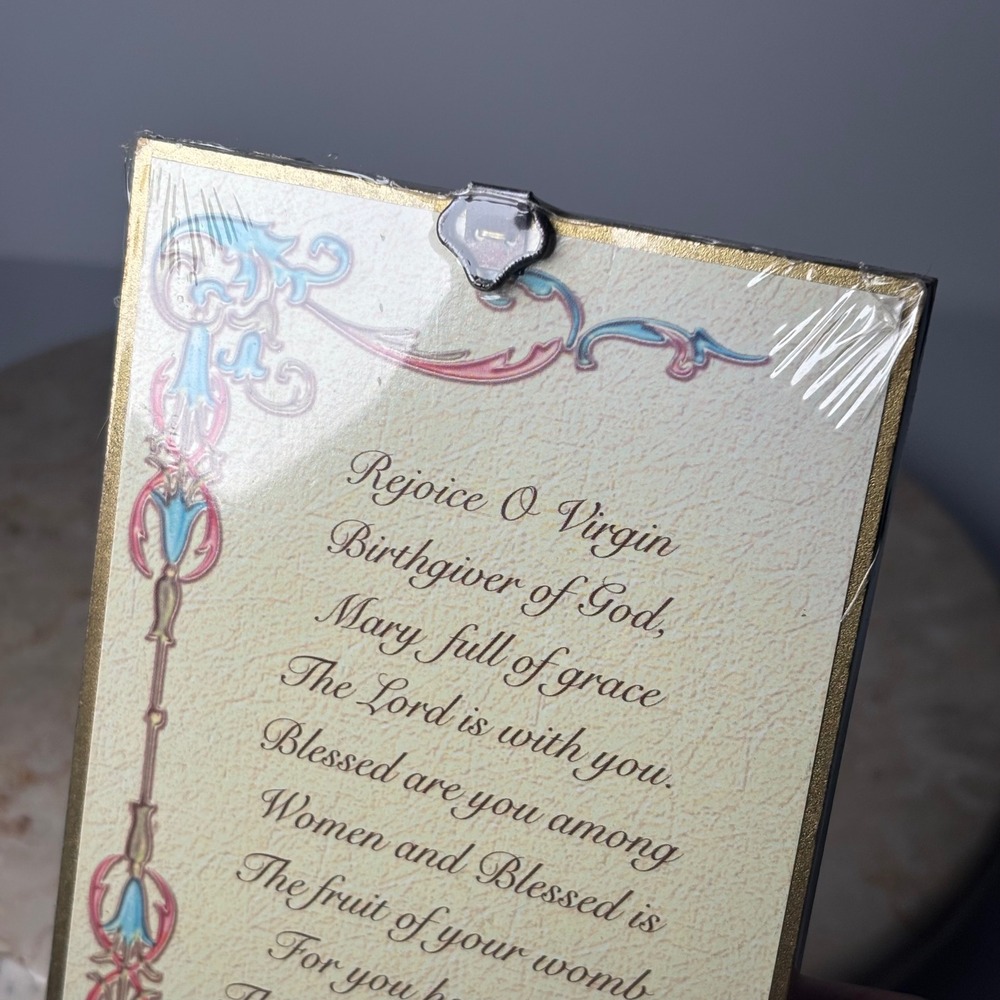 Vintage Virgin Mary Child Jesus Wood Icon Plaque Gold Foil Prayer 6.25x4.25 NEW - Picture 3 of 5